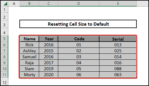 Selecting a range to reset the cell size to default