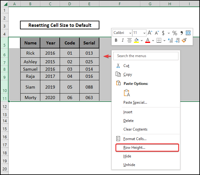 opening up the context menu to customize cell row height