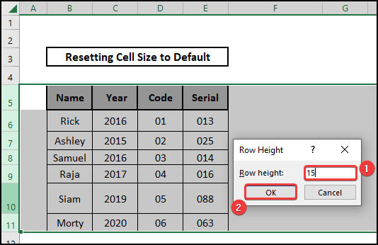 setting up the row height to default