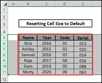 Successfully reset cell size to default