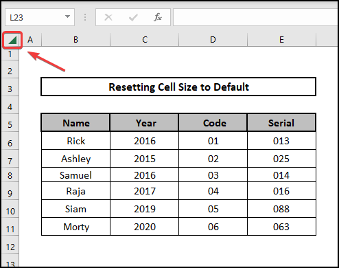 Select all button in Excel worksheet