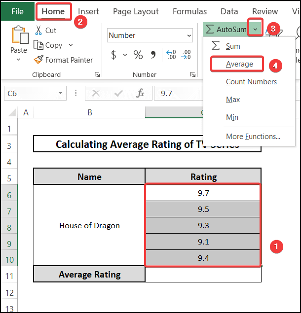 Selecting the Average option from the AutoSum feature