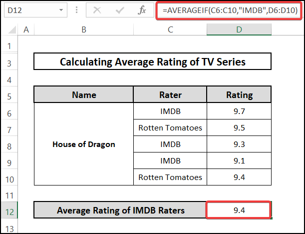 Calculate Average Rating with Criteria Using AVERAGEIF Function