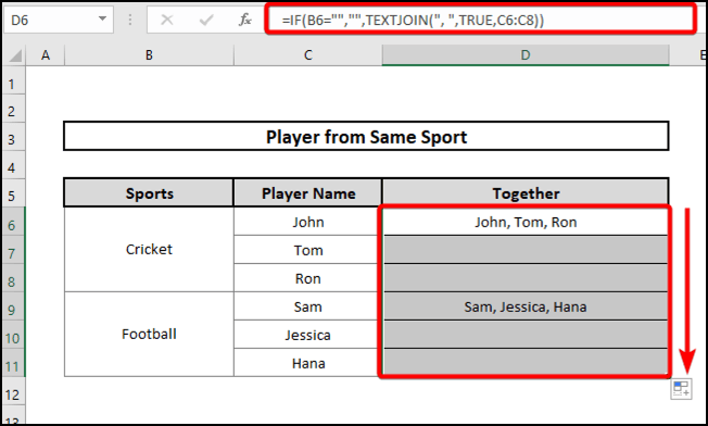 Dragging the formula down Combining IF and TEXTJOIN Functions