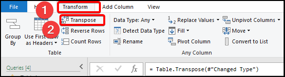 go to Transform , then to Transpose in the Power Query Editor.