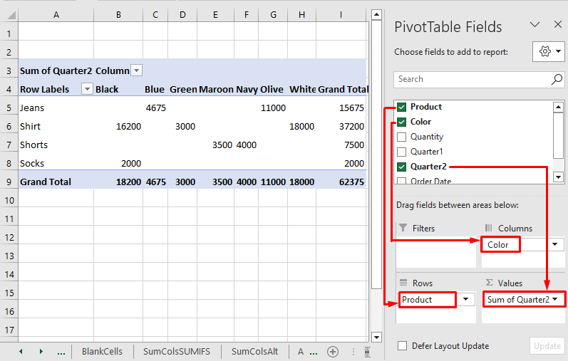 Select desired fields and place them accordingly to get in the report output