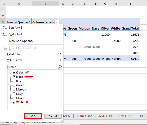 select Black and White from Column Labels drop-down
