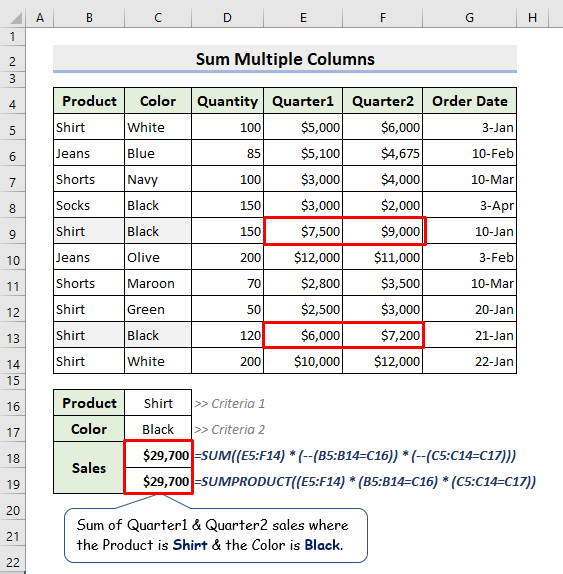 Sum of Quarter1 and Quarter2 sales using array formula
